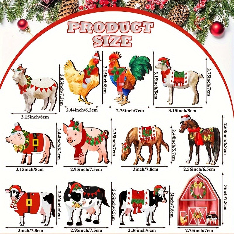 24pc Wooden Farm Animal Christmas Ornaments Cow Pig Rustic Decor Xmas Trees
