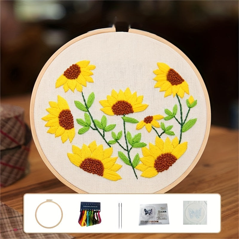 Embroidery Starter Kit for Adults - Sunflower Pattern, Hoop, Threads