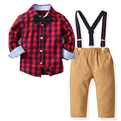 Baby Boys Gentleman Outfit Long Sleeve Bowtie Plaid Shirt & Suspender Pants Set