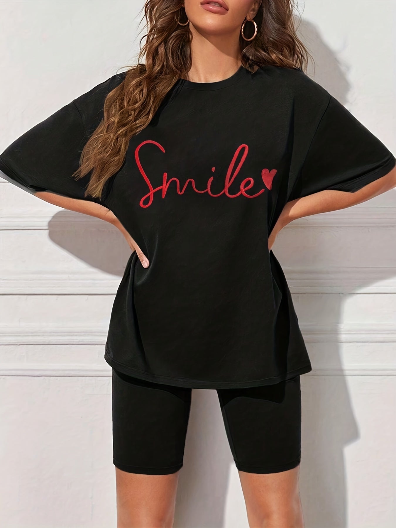 Smile Print Loose Top & Solid Leggings Set
