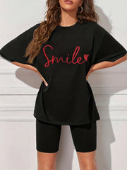 Smile Print Loose Top & Solid Leggings Set