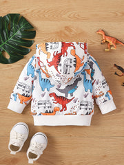 Boy Dinosaur Print Hooded Jacket, Sports Cardigan