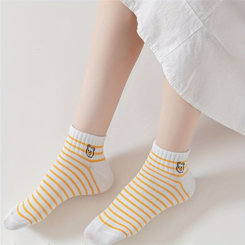 7 Pairs Cartoon Bear & Striped Crew Women's Socks