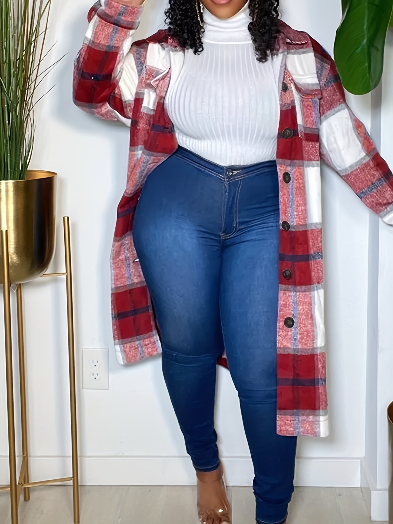 Plaid Drop Shoulder Jacket Casual Flap Pockets Long Jacket