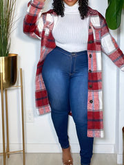 Plaid Drop Shoulder Jacket Casual Flap Pockets Long Jacket