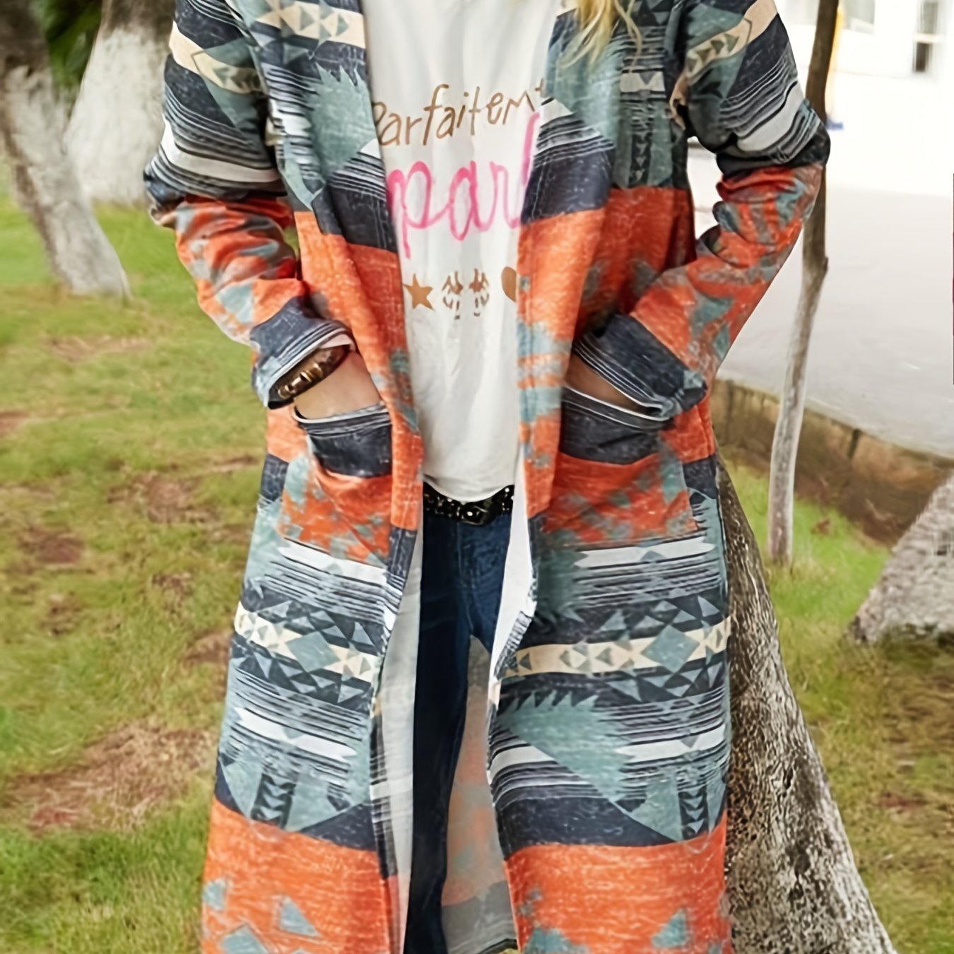 Casual Cardigan Women's Plus Geo & Stripe Print Long Sleeve