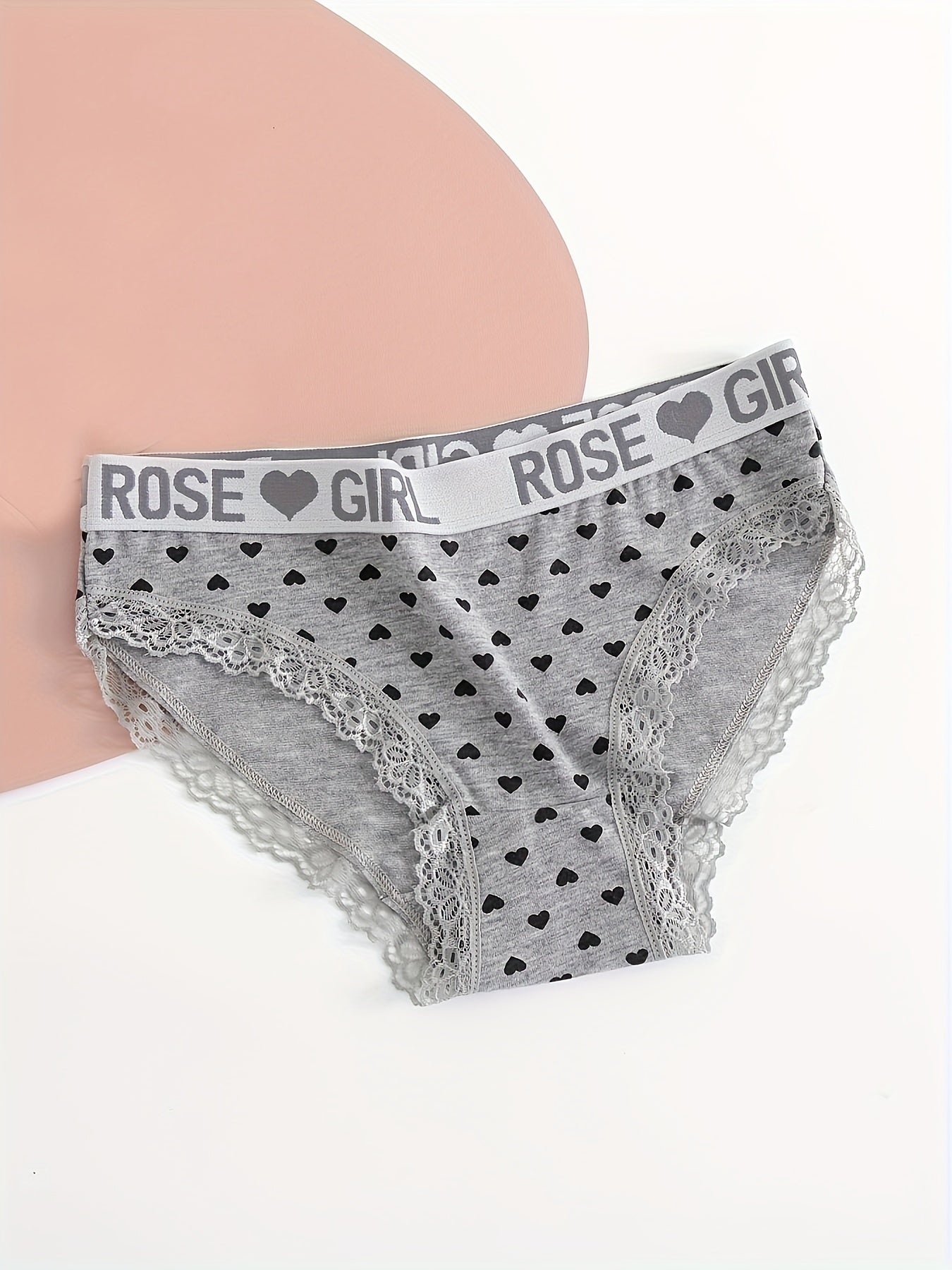 5pcs Letter & Heart Print Briefs Lace Trim Panties Women's Lingerie
