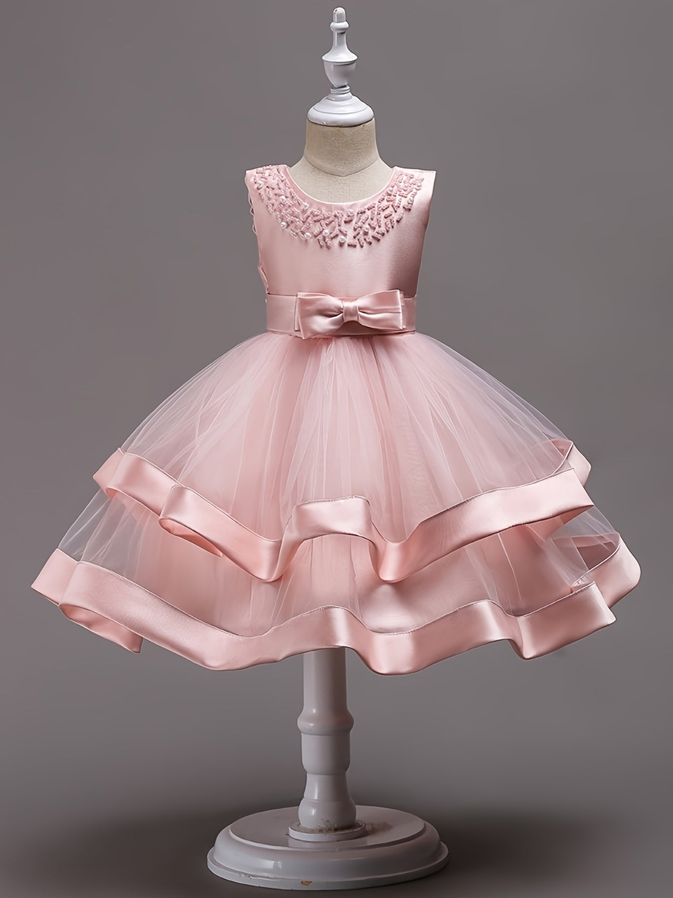 Girls Sleeveless Puffy Princess Dress Beaded Bow Tulle Tutu Dress