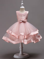 Girls Sleeveless Puffy Princess Dress Beaded Bow Tulle Tutu Dress
