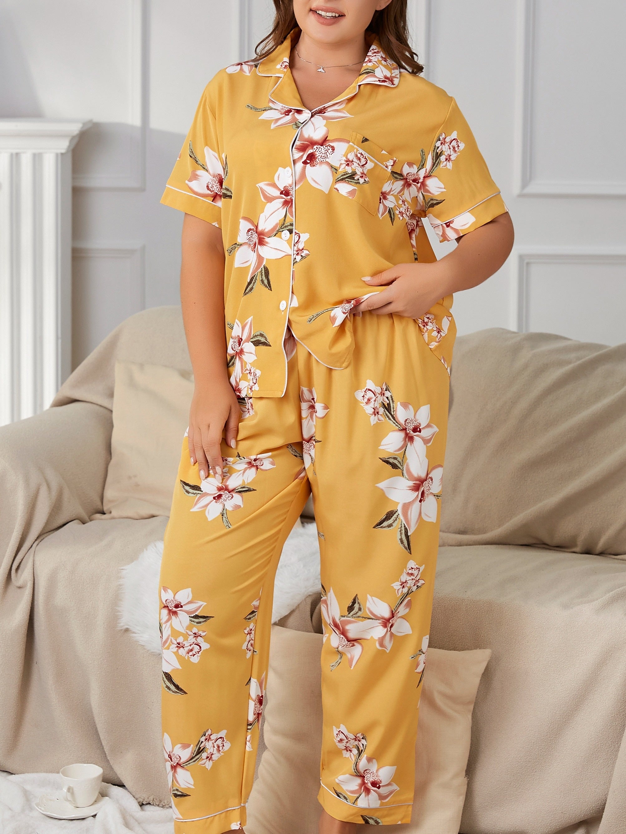 Floral Print Pajama Set Short Sleeve Lounge Two Piece