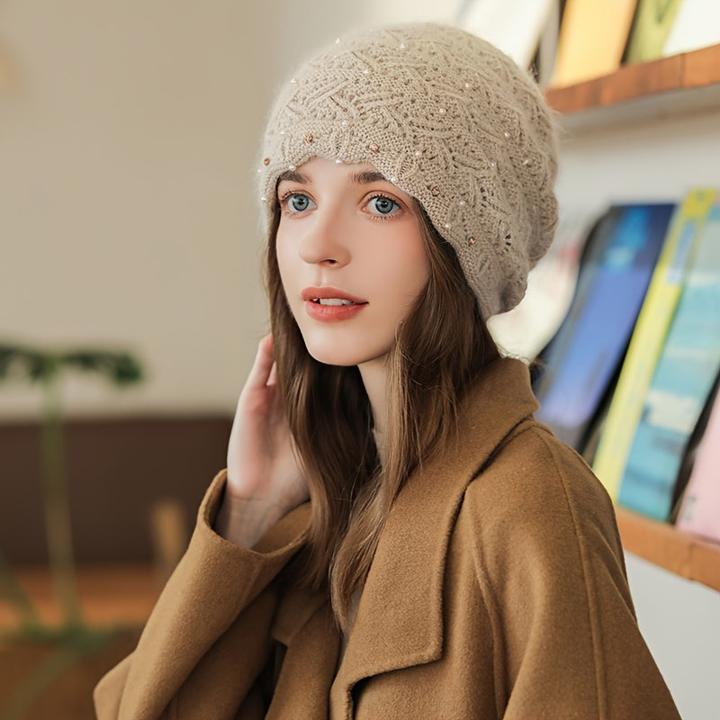 Faux Pearl Decor Knitted Beanie Hat for Her
