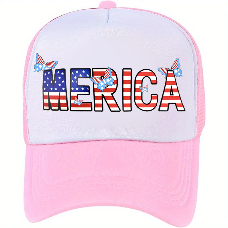 MERICA Flag Trucker Hat Butterfly Print Mesh Breathable Baseball Cap