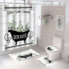 Rustic Flower Plant Bath Curtain Set - Eucalyptus Leaf Spring Theme