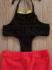 Toddler Girls Bow Cut Out Ruffle Trim Halter One Piece Swimsuit