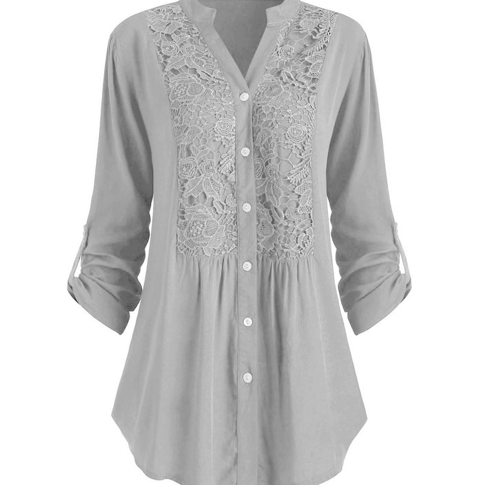 Solid Button Up Lace Panel Blouse
