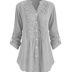 Solid Button Up Lace Panel Blouse