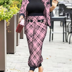 Plaid Print Jacket & Pants Set Women's Plus