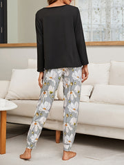 Floral Print Lounge Set Crew Neck Top & Pants Women's Loungewear