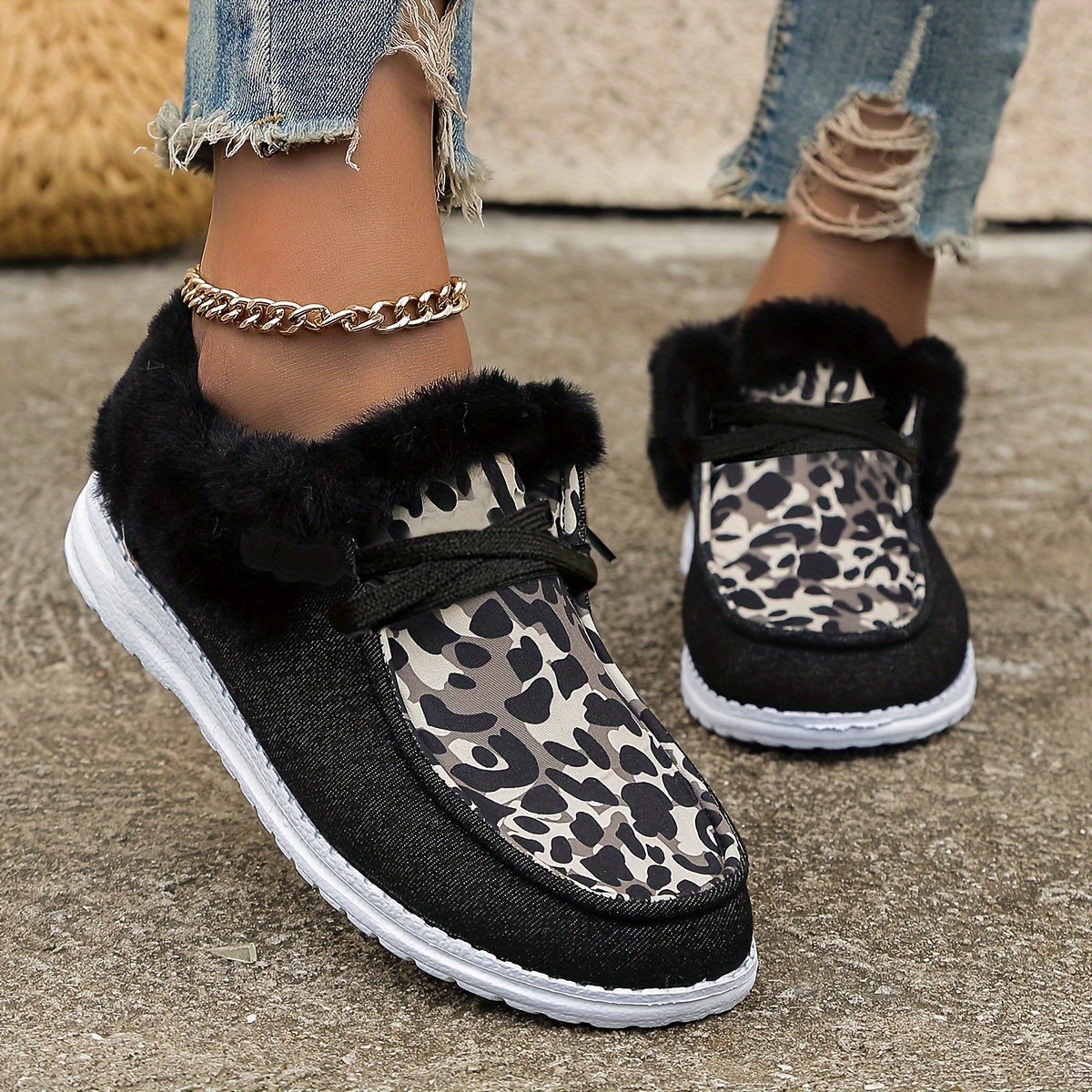 Leopard Pattern Non Slip Thick Walking Sneakers Warm Sport Shoes