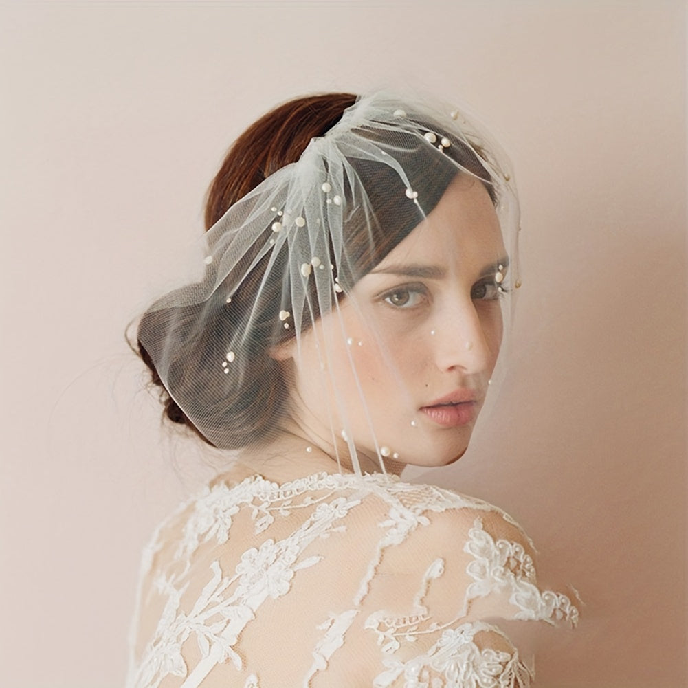 Short Bridal Head Veil Faux Pearl Comb Photography Accessory