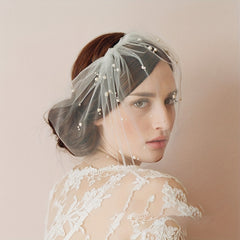 Short Bridal Head Veil Faux Pearl Comb Photography Accessory