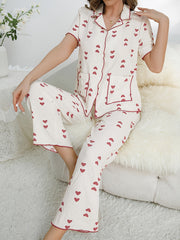 Heart Print Pajama Set Short Sleeve Top & Pants Women's Sleepwear