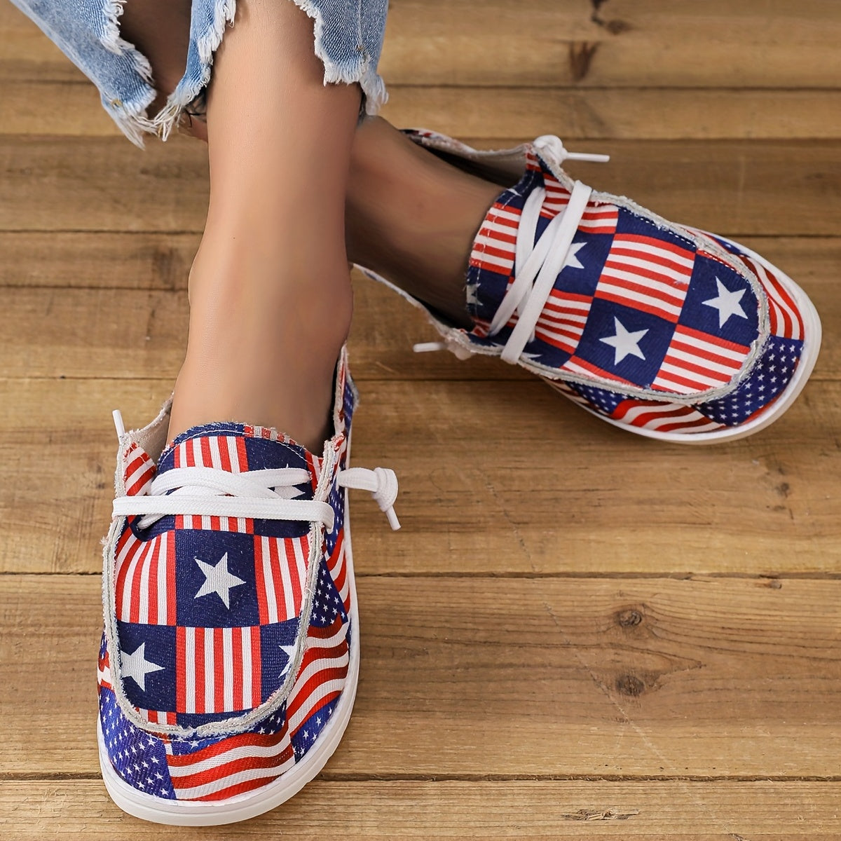 Women's Flag Pattern Canvas Shoes Casual Lace Up Outdoor Loafers Lightweight