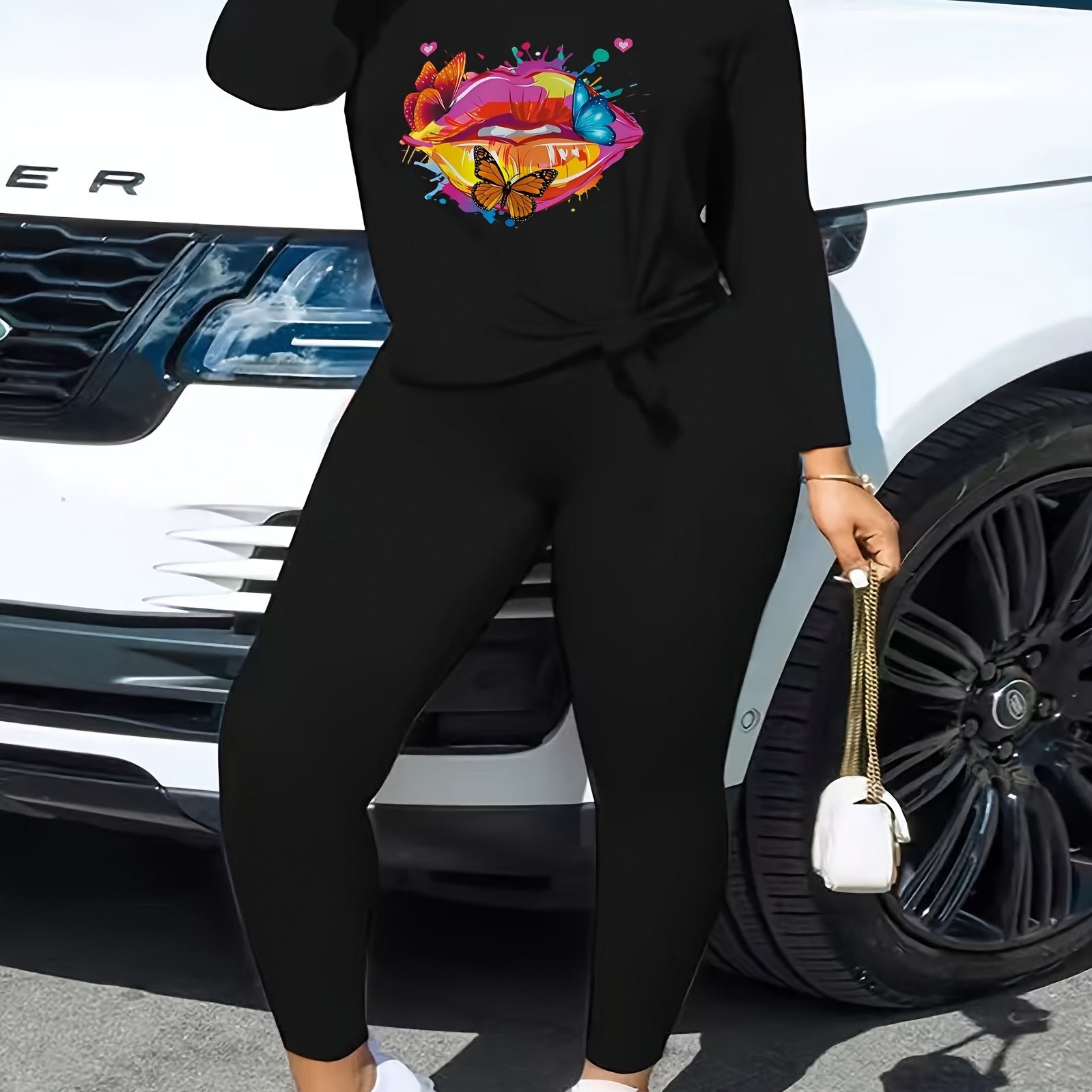Lip & Butterfly Print Top & Leggings Set Long Sleeve V Neck