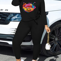 Lip & Butterfly Print Top & Leggings Set Long Sleeve V Neck