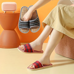 Men's Plaid Linen Non Slip Open Toe Slides For Indoor Home House Shoes