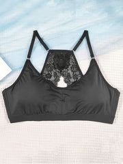 Plus Size Contrast Lace Racer Back Wireless Push Up Soft Bralette