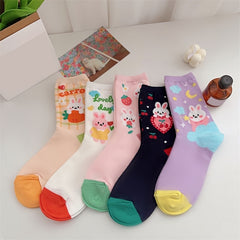 5 Pairs Cartoon Bunny Print Socks Cute & Comfy Women's Mid Tube Stockings
