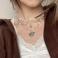 Silver Heart Beaded Choker Necklace Y2K Jewelry