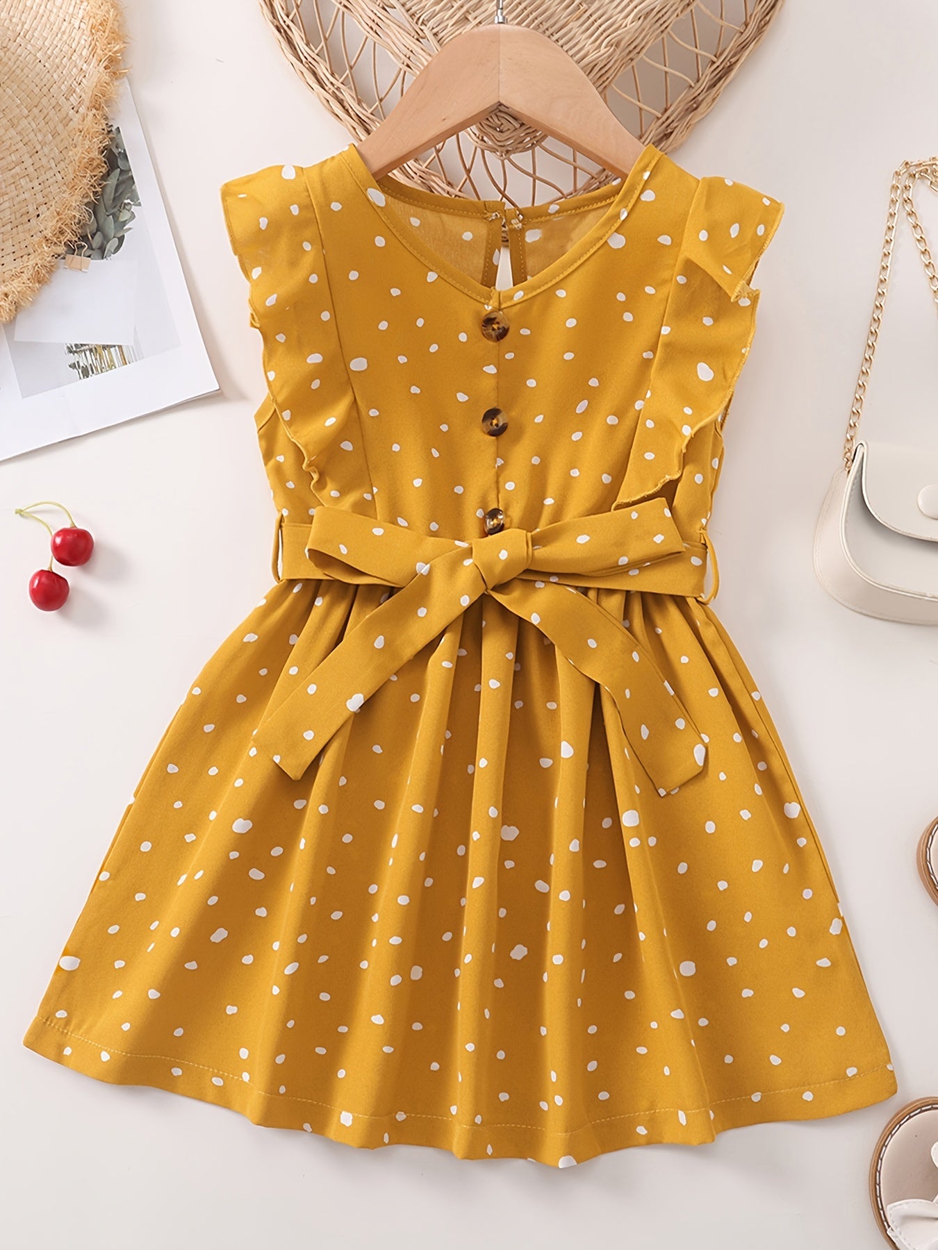 Girls Sleeveless Ruffles Button Polka Dot Belted Dress For Party