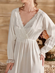 Lace NightDress Long Sleeve V Neck Ruffle Pajama Dress