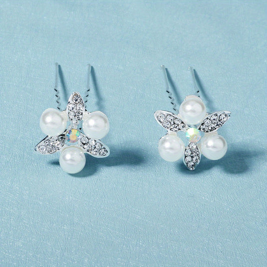 2pcs Rhinestone Faux Pearl Silvery Hairpin Bridal Wedding Bobby Pin