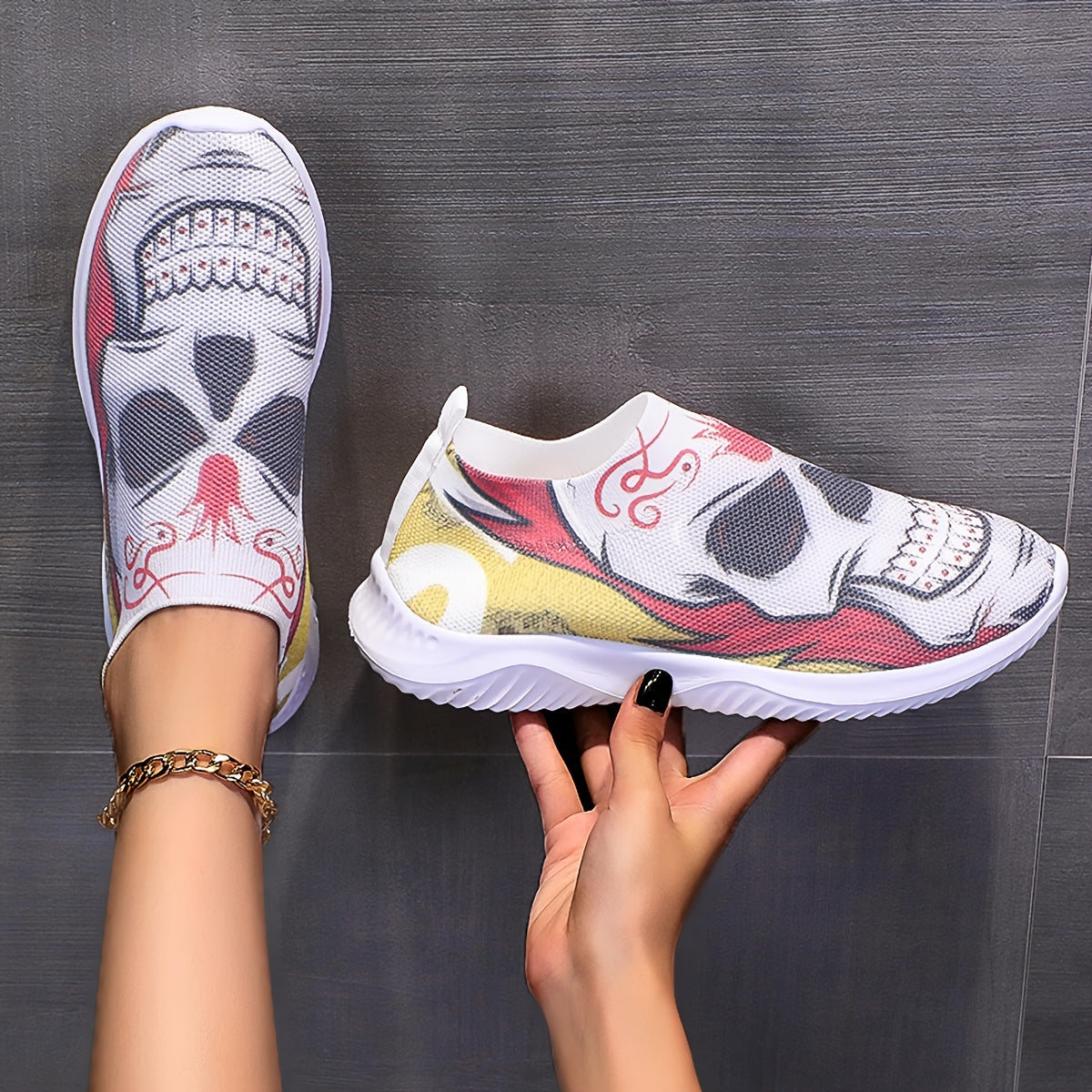 Women's Skull Print Platform Sneakers Lightweight Low Top Walking Shoes
