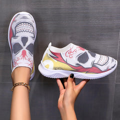 Women's Skull Print Platform Sneakers Lightweight Low Top Walking Shoes