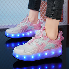 Girl's LED Roller Shoes w/ Rotating Buckle & Wheels