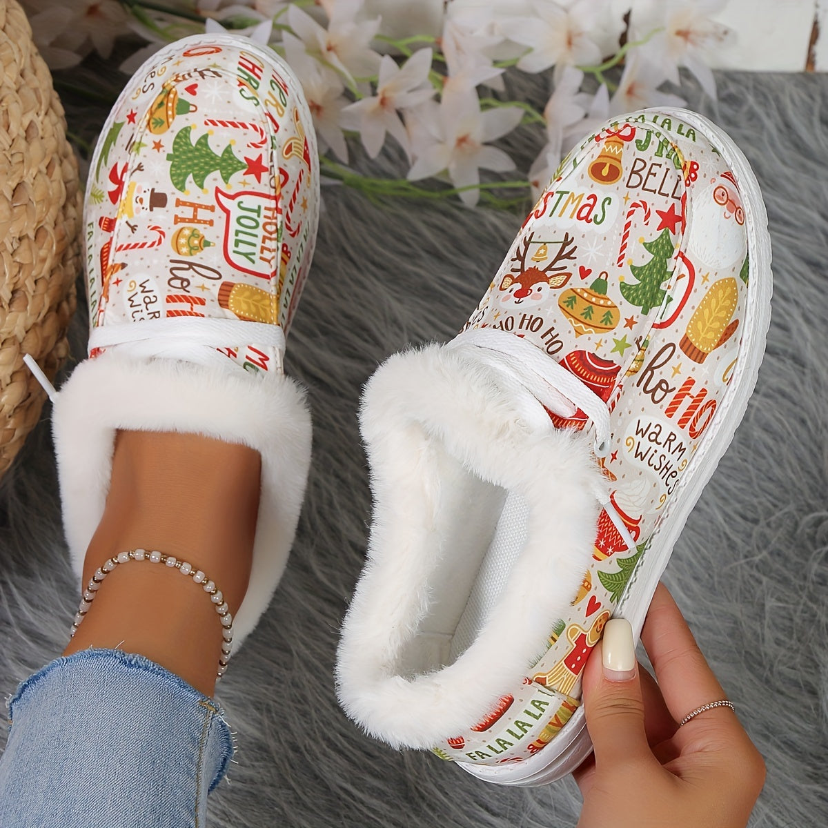 Christmas Print Plush Lined Furry Flat Lightweight Comfortable Skate Shoes