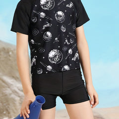 Boy's Planet Pattern Swimsuit 2pcs Set Cartoon Astronaut Print