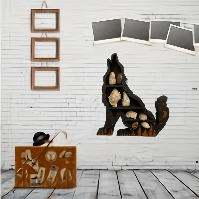 Wolf Shaped Crystal Storage Rack Wooden Wall Mounted Display Organizer