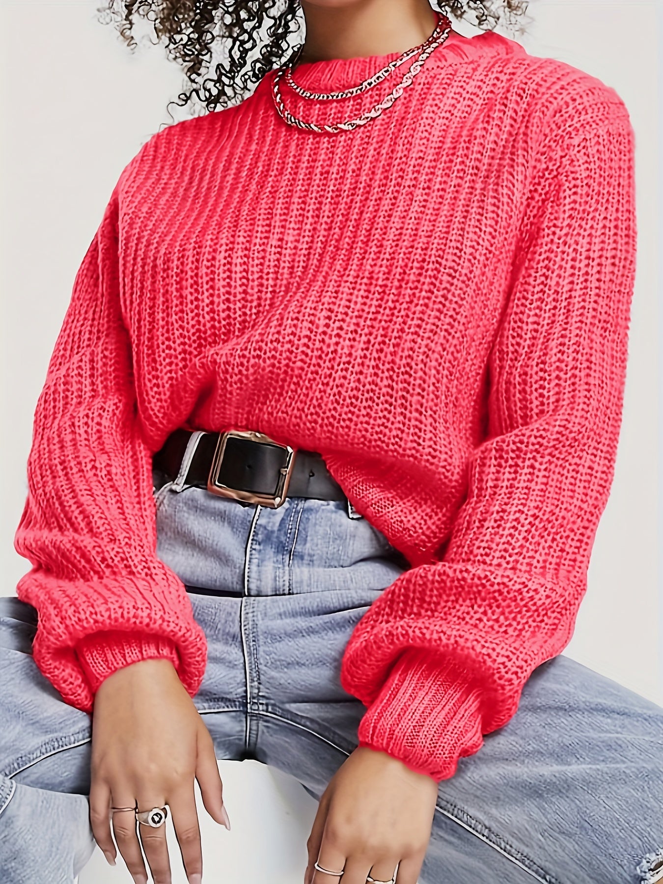 Solid Crew Neck Pullover Sweater Long Sleeve Loose Sweater Women's Clothing