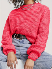 Solid Crew Neck Pullover Sweater Long Sleeve Loose Sweater Women's Clothing
