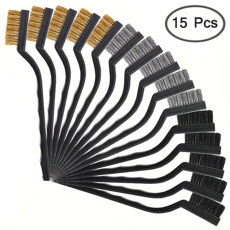 15pcs Wire Brush Set Stainless Steel Brass Nylon Curved Handle Brush Set