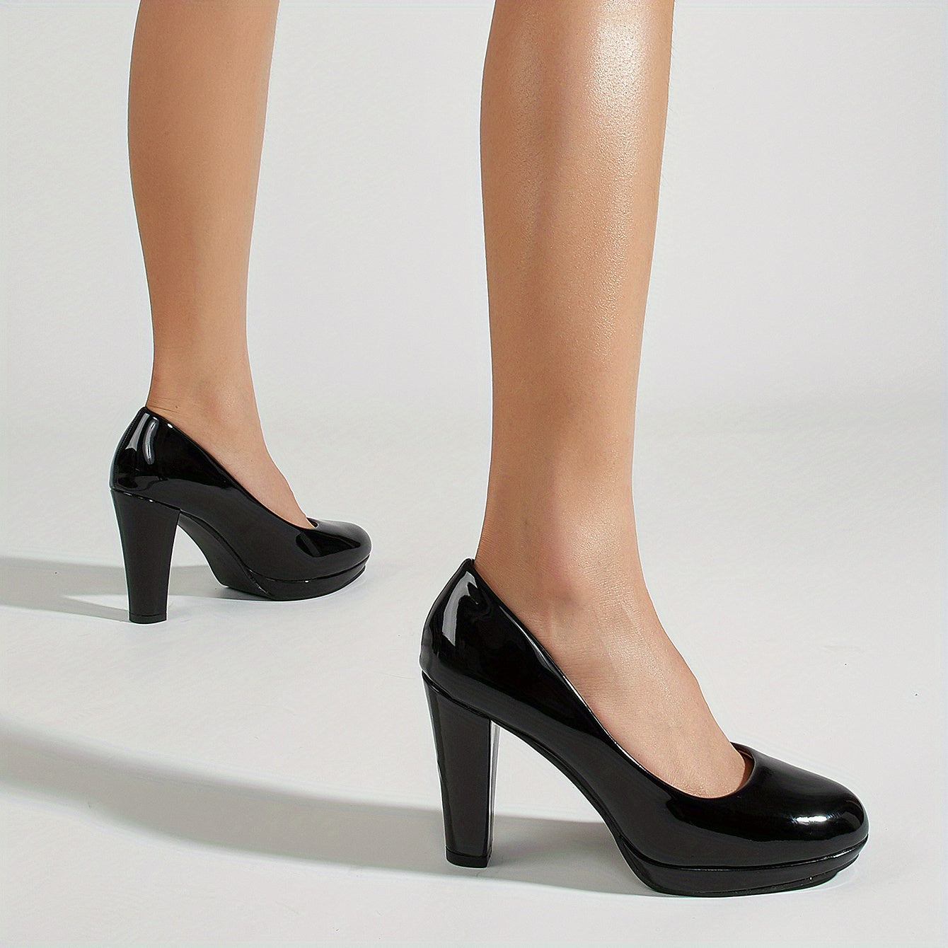 Women's Platform Court Pumps Patent Leather Block Heels