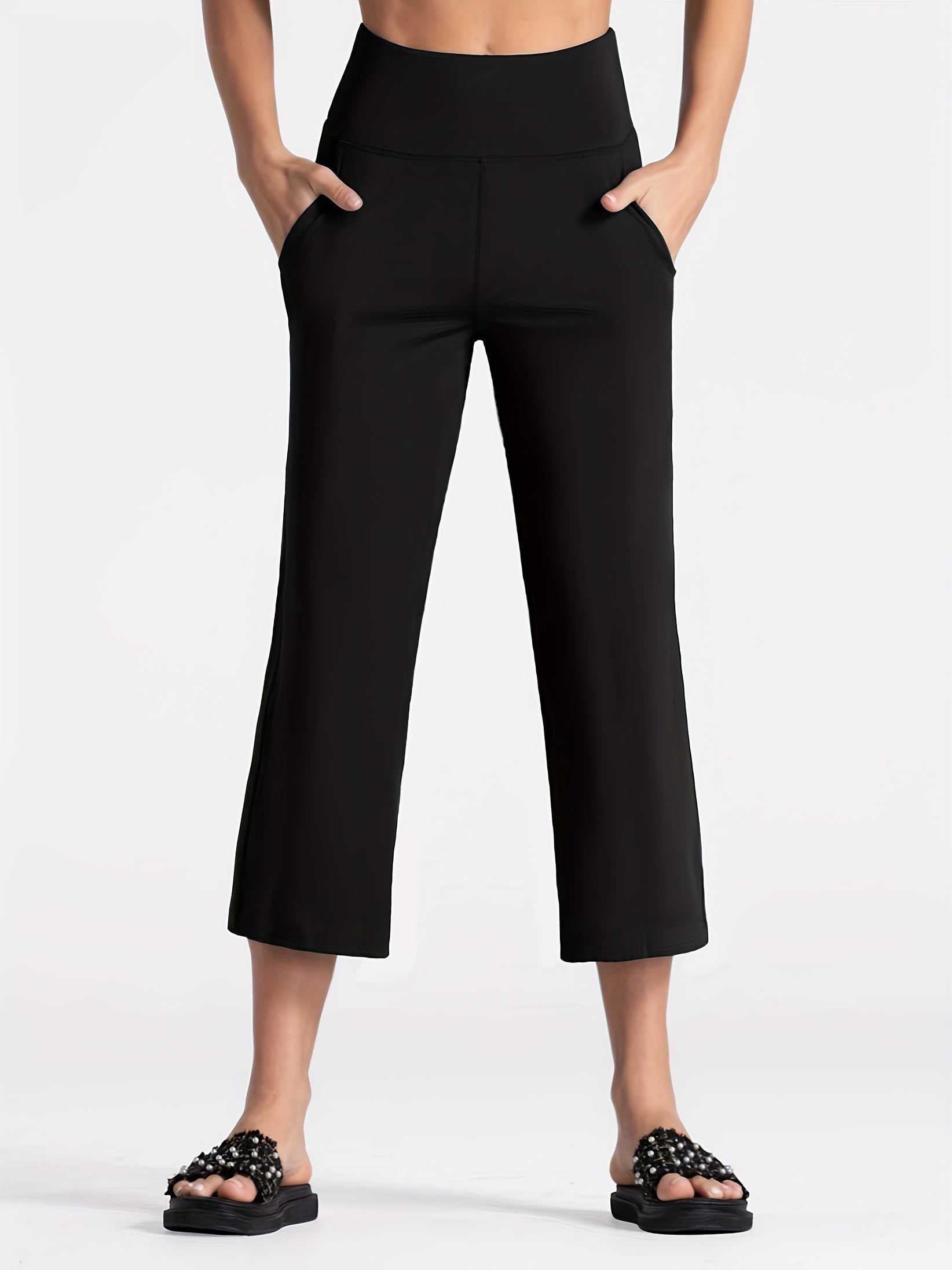 Plain Yoga Pants Mid Stretch Capris with Pockets