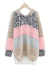 Colorblock Leopard Print Eyelet Embroidered Hooded Sweater