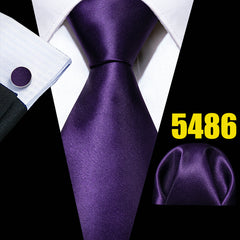 Barry Wang Classic Purple Tie Set Striped Plaid Silk Necktie Pocket Square Cuffl