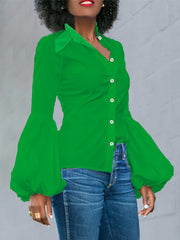 Solid Button Up Lantern Sleeve Blouse